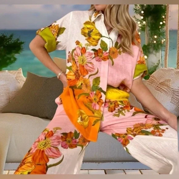 Bohemian Floral Print Shirt & Pants Cotton Linen Short Sleeve Two Piece Set - Picture 10 of 12
